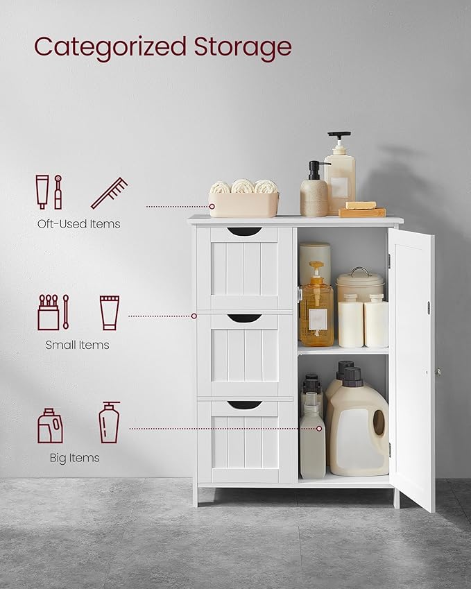VASAGLE Floor Storage Cabinet, Freestanding Storage Unit with 3 Drawers, 1 Adjustable Shelf, for Bathroom Living Room Dining Kitchen, 11.8 x 23.6 x 31.5 Inches, Cloud White UBBC049WH01S