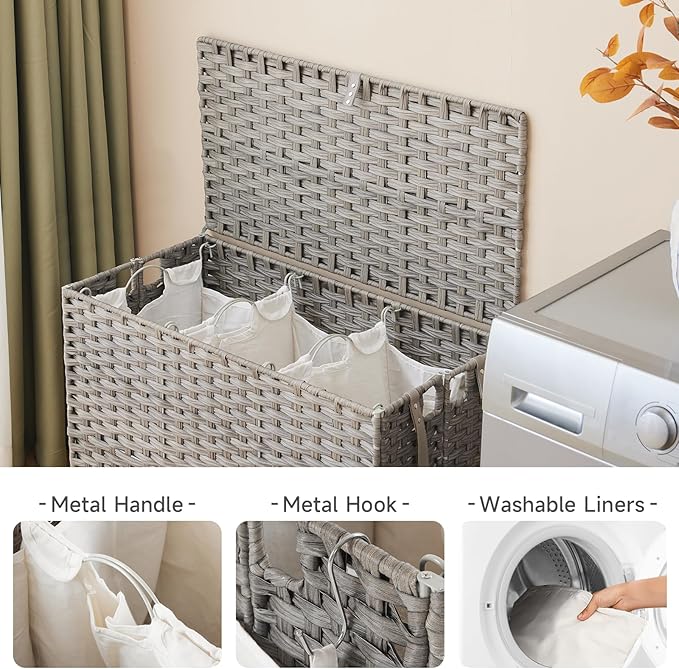 Laundry Hamper with Wheels, 34.3 Gallon(130L) Rolling Laundry Basket with Lid, 3-Section Rattan Clothes Hamper with 3 Removable Liner & 3 Mesh Bags, Laundry Sorter with Side Pocket, Grey