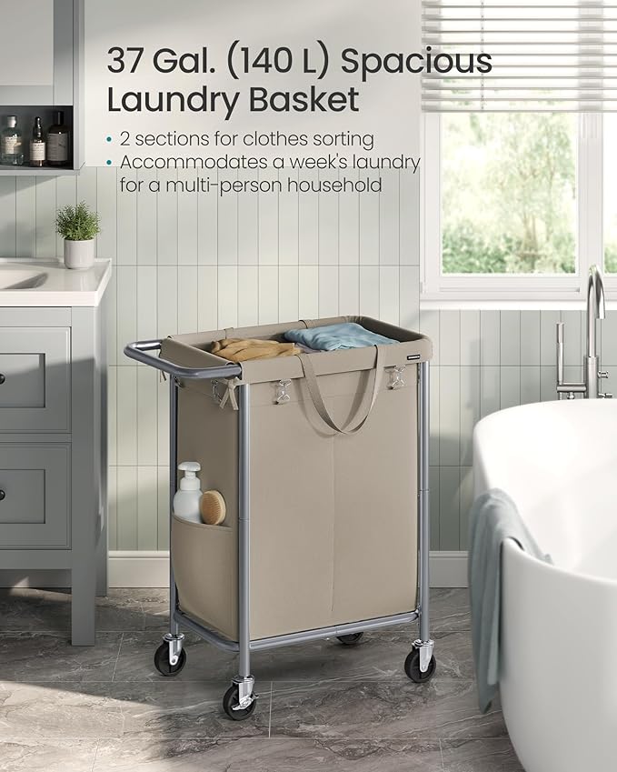 SONGMICS Laundry Basket with Wheels, 2-Section Rolling Laundry Hamper, 37 Gallons (140 L), Removable Liner, Steel Frame with Handle, 27.2 x 15.4 x 31.9 Inches, Camel Brown URLS004N01