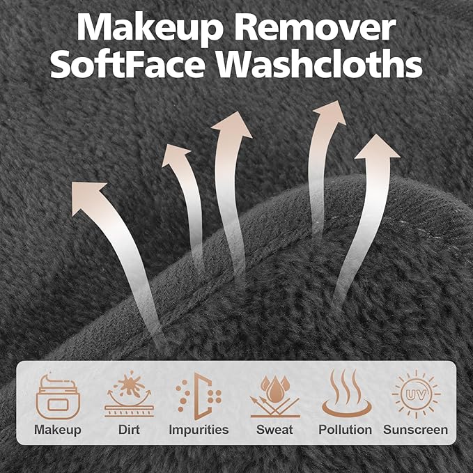 INFICRIME Makeup Remover Cloth, 6 x 6 Inch Ultra Soft and Reusable Microfiber Makeup Remover Towels for All Skin Types, Remove Instantly Dirt with Just Water, 12 Pack, Grey