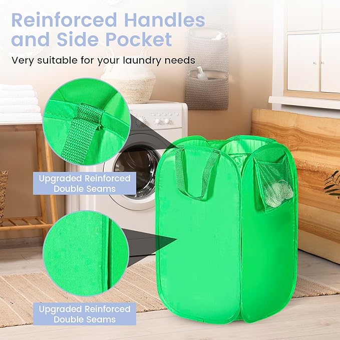 HOUSE AGAIN Upgraded Polyester Pop Up Laundry Hamper, Collapsible Laundry Baskets with Durable Handles Solid Bottom High Steel Frame and Side Pocket, Easy Open & Save space,Perfect for Storage(Green)