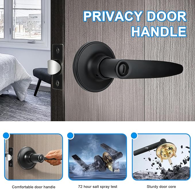 Privacy Door Levers, 6 Pack Matte Black Door Handles, Bed and Bath Door Locksets Heavy Duty Keyless Interior Handles, Reversible for Left Right Handed Doors