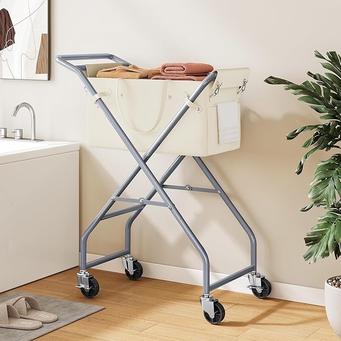 No-Bend Laundry Cart- Rolling Hamper with Locking Wheels & Handle, Foldable Basket Screw-Free Assembly, Durable Metal Frame & Removable Liner Bag for Bedroom & Bathroom (Beige)