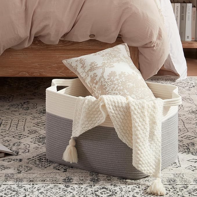 OIAHOMY Large Storage Basket, Cotton Rope Woven Blanket Basket, Toy Bin for Baby Room, Container for Blanket Storage in Living Room, 20''×16''×12'', Grey & White