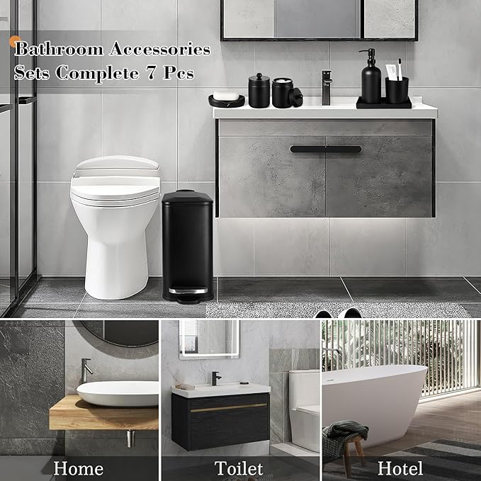 Black Bathroom Accessories Set, 7 Pcs Matte Black Bathroom Accessory Set with Trash Can, Soap Dispenser, Toothbrush Holder, Soap Dish, Vanity Tray, Qtip Holder, Modern Bathroom Sets Complete Decor