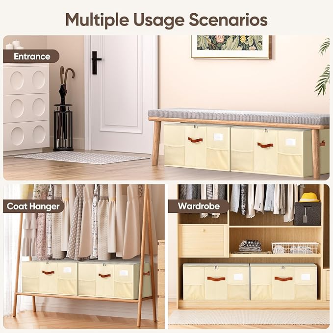 Shoe Organizer for Closet, 2 Pack Shoe Storage Containers with Adjustable Dividers, Space Saving Shoe Box Storage Organizers Bins with Clear Lid & 4 Handles, Fits 24-48 Pairs, Beige