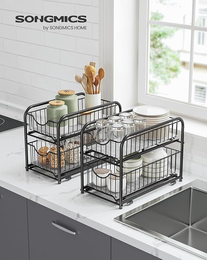 SONGMICS 4-Tier Pull Out Cabinet Organizers, Under Sink Organizer, Bathroom Organizer and Storage, Sliding Basket Drawers, Stackable for Kitchen, Bathroom, Ink Black UKCS017B02