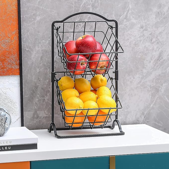 Wetheny 2 Tier Iron Fruit Basket Fruit Bowl for Kitchen Counter,Bread,Fruit and Vegetable Holder Storage Basket,Wire Hanging Basket stand for Kitchen Organizer, Matte Black