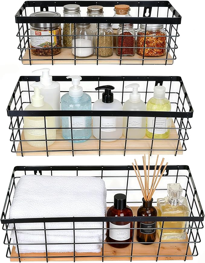 Metal Wire Basket Detachable Wood Base Storage Organizer Farmhouse Hanging Basket for Kitchen Cabinets, Bathroom, Pantry, Laundry Room Set of 3,Black Color