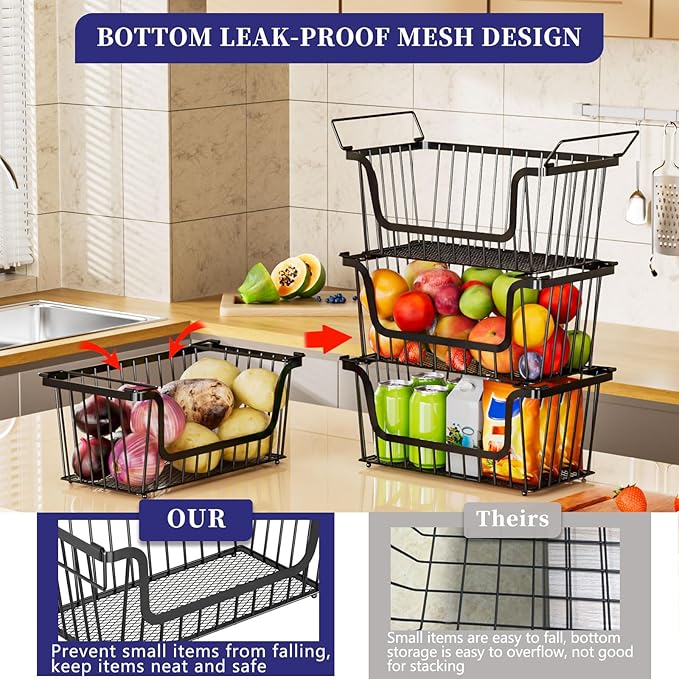 4 Pack Enhanced Leak-Proof Bottom Stackable Wire Baskets, Pantry Organizers and Storage, pantry storage，Shelf Baskets, Fruit Basket, Potato and Onion Storage Bins，(Black)