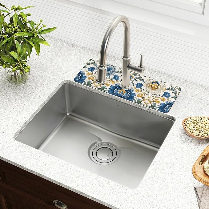 Kitchen Sink Splash Guard 1 PC 14.7 Inch Sink Faucet Mat Splash Guard for Bathroom Countertop Water Absorbent Foldable Cuttable Soft Washable Royal Floral Blue and Yellow Tile