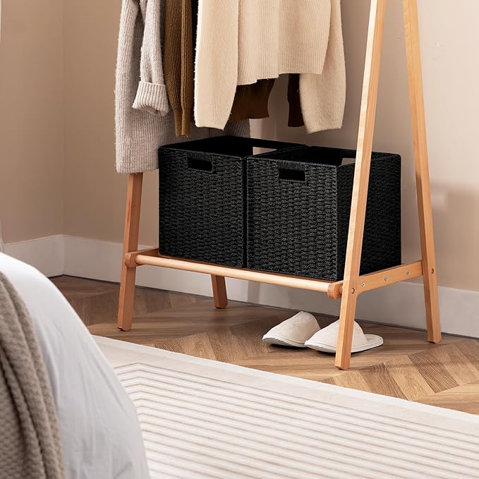 UBBCARE 4 Pack Wicker Basket, 11L×11H×10.5W inch Woven Paper Rope Storage Baskets for shelves, Foldable Cube Storage bin with Handle, Storage Basket for Organizing & Decor, Black