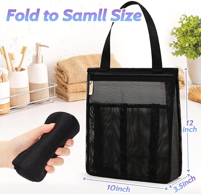 famichan Portable Mesh Shower Caddy, Gym Travel Camp Dorm Room Essentials for College Student Boy Girl, Bathroom Shower Bag - Black