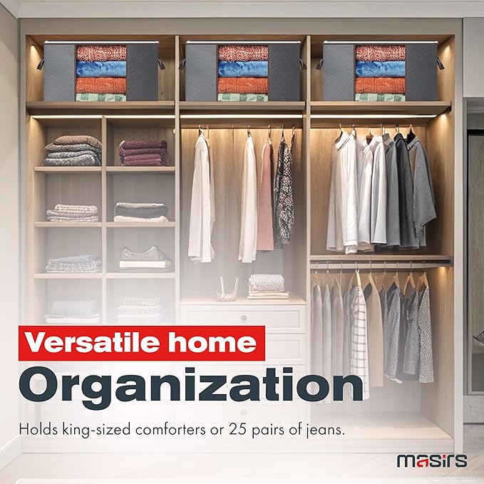 Masirs Storage Bags For Clothes - 6-Pack Collapsible Organizers for Blankets, Bedding & Clothes - Large 90L Zip Bags with Handles - Clear Durable Containers for Closet Organization (Grey)