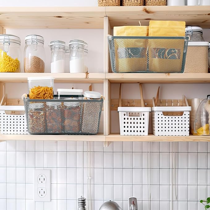 4 Pcs Metal Wire Basket with Wooden Handles Mesh Steel Storage Organizer Bin Containers for Home Organizing Cabinet Pantry Closet Kitchen Fridge Fruit Makeup Snacks Gifts(Medium,Dark Gray)