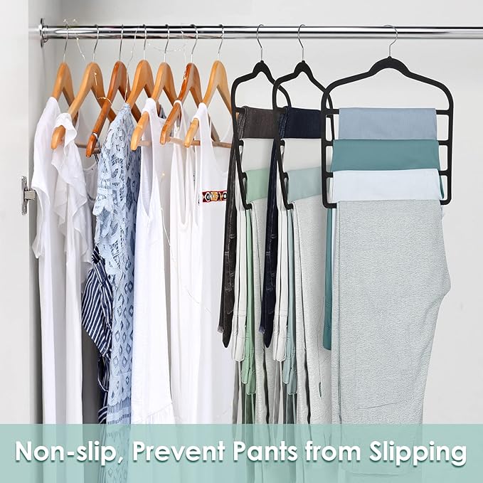 Velvet Hangers Space Saving Non Slip Pant Velvet Hangers, DUDUCOFU 8 Pack Black Multi Layer Clothes Hangers Closet Organizer for Pants Trousers Scarf