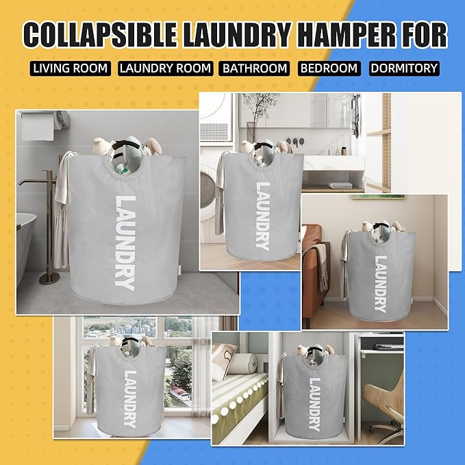 160L Large Laundry Basket, Collapsible Laundry Hamper with Padded Handles, Waterproof Laundry Bag, Tall Clothes Hamper Stand Up Well, Foldable Laundry Baskets for Easy Storage(Light Grey)