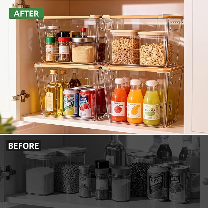 2 Pack Multi-Function Storage Boxes with Bamboo Lids, Trash Bag Organizer, Suitable for Organizing Kitchen, Cabinets, Under Sink, Laundry Room and Pantry (Clear, 2 Pack)