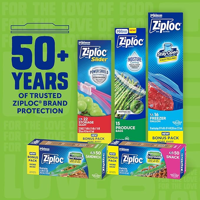 Ziploc 175 Count Sandwich and Snack Bags with EasyGuide Texture, Plastic Storage Bags with Grip 'n Seal Technology