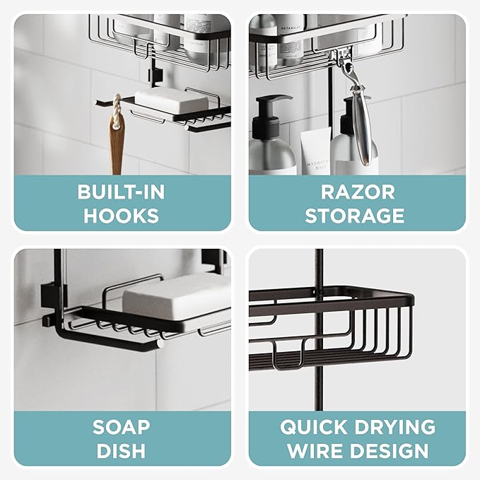 Zenna Home Rustproof Hanging Shower Caddy, Over the Shower Head Caddy with 2 Shelves and Built In Hooks, Aluminum Bathroom Hanging Organizer, Bronze
