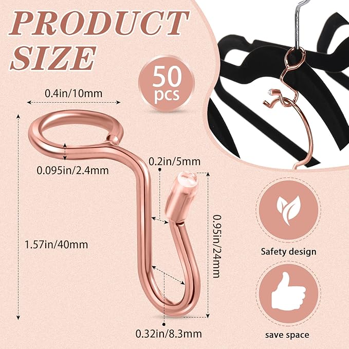 Sratte 50 Pieces Clothes Hanger Connector Hooks, Metal Clips Extender Hooks for Velvet Hangers Closet Space Saving(Rose Gold,50 Pieces)
