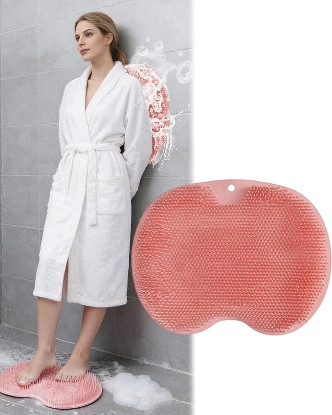 Silicone Massage Bath Mat, Shower Foot Scrubber Mat, Back Exfoliating Bath Pad for Shower, Non-Slip Suction Cups, Wall Mounted (Pink)