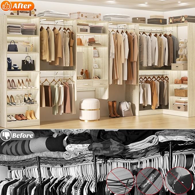Unikito Closet System with Vanity Desk, 156”Modular Corner Closet Organizer System with Hanging Rods & Adjustable Shelves, Freestanding Wood Wardrobe Organizer, Sturdy Walk in Closet Tower, White Oak