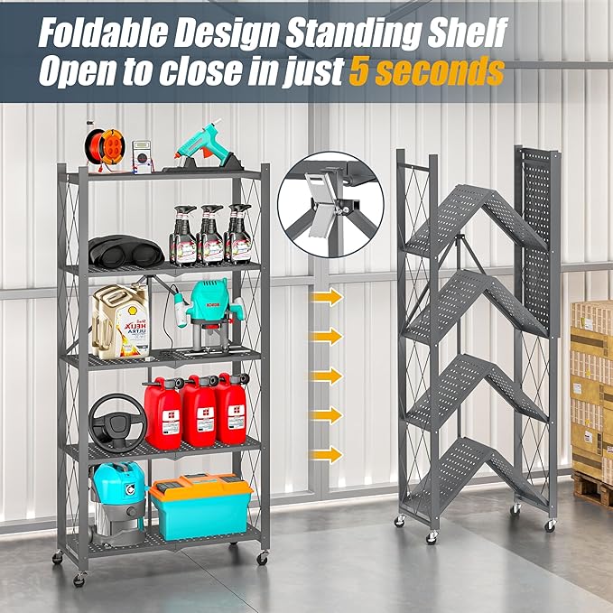5-Tier Folding Metal Storage Shelf with Wheels, Heavy Duty Organizer Rack Holds 750 lbs, No Assembly Utility Shelving for Kitchen, Garage, Pantry, Living Room, Office (New Upgrade - Gray, 5 Tier)