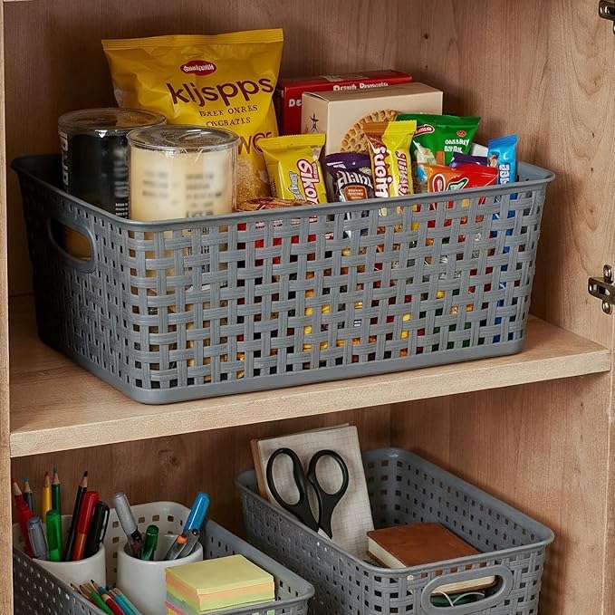 Pack of 4 Plastic Storage Basket, Grey Desktop File Paper Letter Organizer Tray,Plastic Baskets for Organizing（11.4"X9"X4.7"）