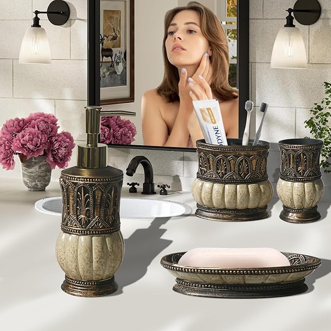 Pumkins Bathroom Accessories Set，Retro Style Including 1 Cups, 1 Toothbrush Holders, 1 Soap Dishes and 1 Soap Dispenser, Home and Countertop Decoration, Vanity Organize, New Home Gift