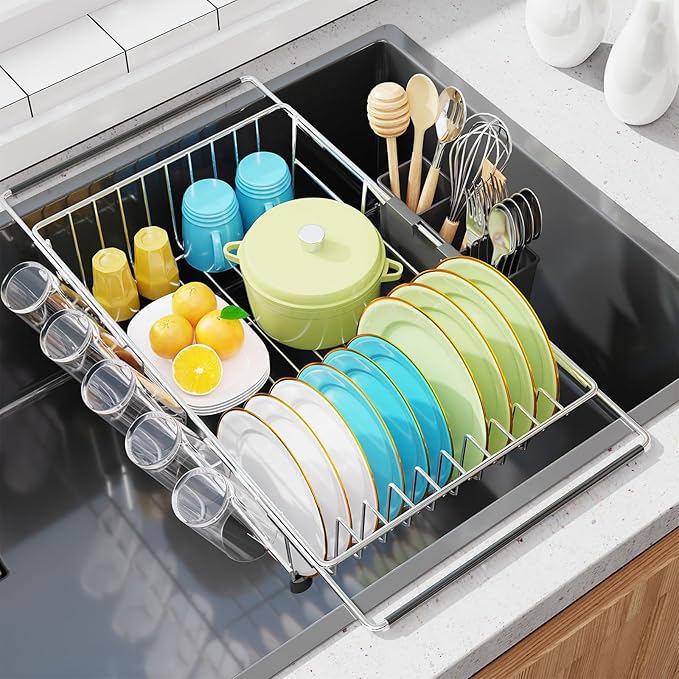 Simple Trending Expandable Dish Drying Rack in Sink, Adjustable Dish Drainers for Small Kitchen, Counter Inside Sink, Over The Sink with Utensil Holder