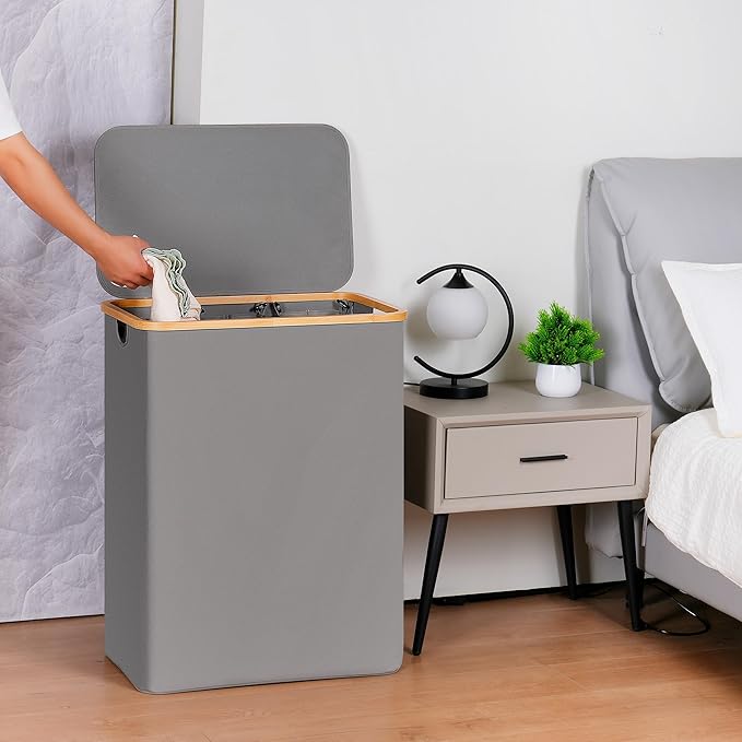 efluky Laundry Hamper with Lid, Trio Laundry Hamper with 3 Removable Bags, 3 Section Laundry Basket with Bamboo Handles for Bathroom, Bedroom & Laundry Room, 160L Silver Grey