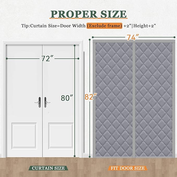 Magnetic Thermal Insulated Door Curtain Fits 72'' x 80'' Doors (Curtain Size 74'' x 84''), Oxford&Cotton Thermal Door Cover Insulation for Winter/Doorway, Keep Warm, Grey