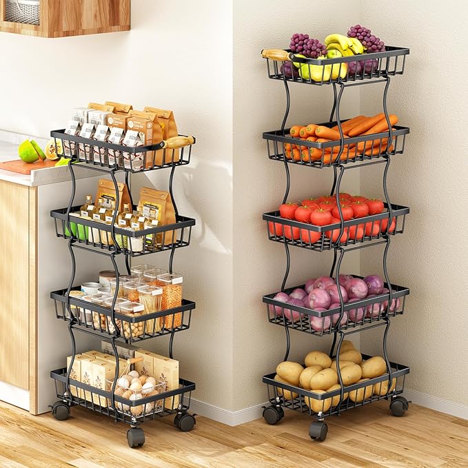 SAYZH Fruit Basket Kitchen Pantry Organizers and Storage - 5 Tier Stackable Metal Wire Basket Stand for Fruit Vegetable Snacks Jars Bins Containers Organization, Black
