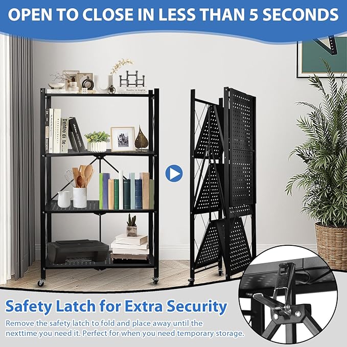4-Tier Foldable Storage Shelf with Wheels, Metal Collapsible Shelving Unit, Heavy-Duty Rolling Cart for Kitchen Pantry Garage Office, Pre-Assembled Organizer Rack – Black