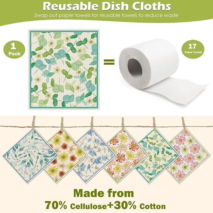 6 Packs Swedish Paper Cloths for Kitchen, Reusable Paper Towels Washable Dish Rags, Highly Absorbent Kitchen Towels Quick Drying Swedish Sponge Cleaning Dish Cloths(Daisy)