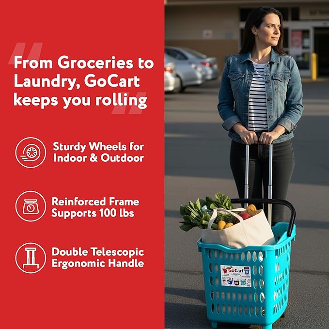 dbest products Bigger GoCart Grocery Cart Rolling Shopping Laundry Basket on Wheels Hamper with Telescopic Handle Cleaning Caddy Trolley, Teal, Bigger 1 pack