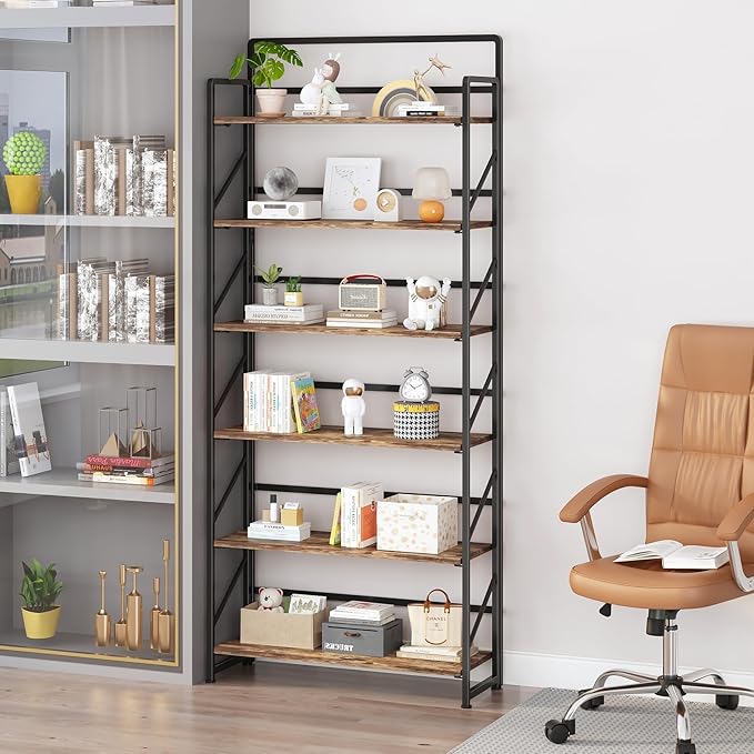 JSB Folding Bookshelf,Industrial Storage Shelves, No Assembly Vintage Wood Look Bookshelf with Storage Shelves for Living Room, Bedroom, Office (Fire Brown, Wide 6-Tier)