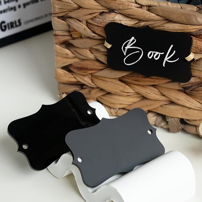 Temlum 18 Pcs Acrylic Basket Labels, Storage Tags with Chalk Marker Removable Label for Wire, Wicker, Woven Baskets & Pantry Storage (Wavy Shape 01, Black)