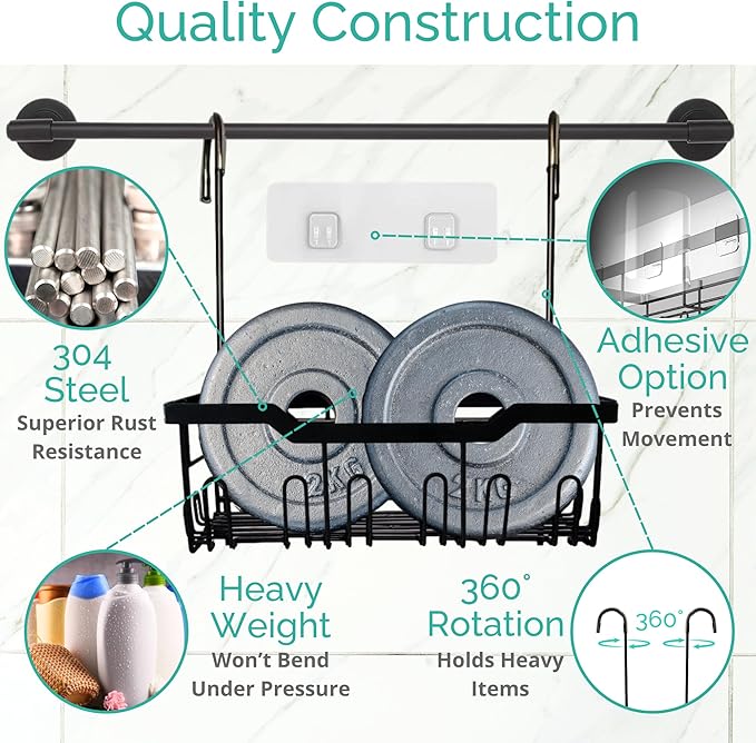Heavy-Duty Black Hanging Shower Caddy with Rotatable Hooks and Adhesives - Rust-Proof 304 Stainless Steel - Bathroom Caddy for Organizing Your Shower Essentials