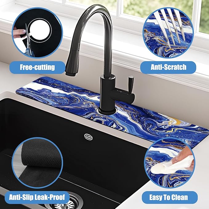 Sink Faucet Absorbing Mat Blue Gold Marble Sink Splash Guard Drying Mat for Kitchen Bathroom Faucet Sinkmat 23.5"X5.5"