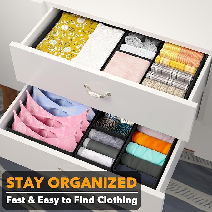SpaceAid Drawer Organizer Clothes, 24 Pack Dresser Organizer Bins for Nursery, Closet Organization and Storage Dividers for Clothing, Baby Clothes, Underwears, Socks (Black)