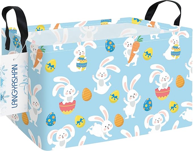 LANGYASHAN Rectangular Storage Bin Collapse Canvas Fabric Cartoon Storage Basket with Handles for Organizing Home Kitchen Boys and Girls Toys Office Closet Shelf Baskets (Rec Blue Rabbit Easter Egg)