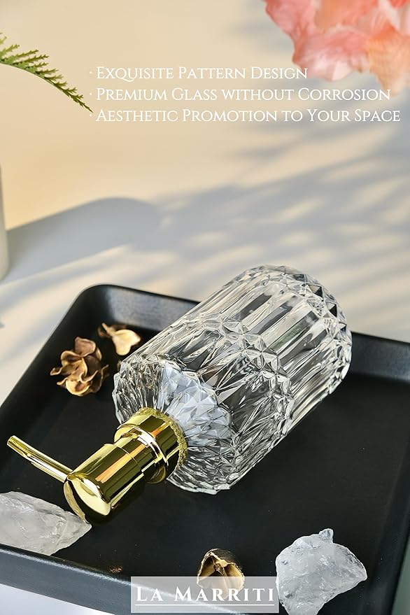 Glass Soap Dispenser with Rust Proof Pump, 13.5 Oz Clear Refillable Hand Lotion Dispenser for Bathroom Countertop and Kitchen, Crystal Vintage Bathroom Accessories, Bathroom Decor