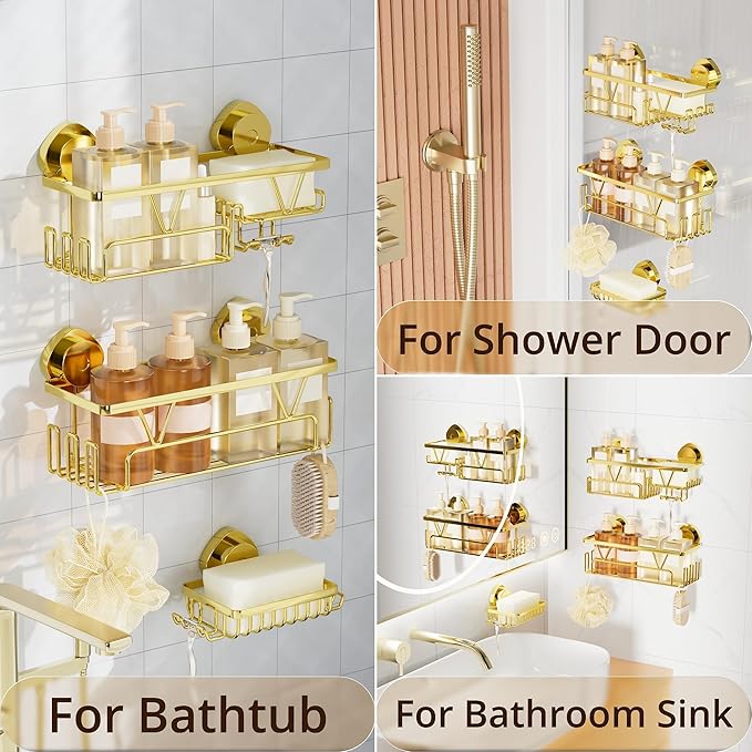 KEGII Suction Cup Shower Caddy – 3 Pack Suction Cup Shelf with Soap Holder & Hooks, Rustproof Stainless Steel Shower Organizer, Removable No Drilling Bathroom Storage Rack, Gold