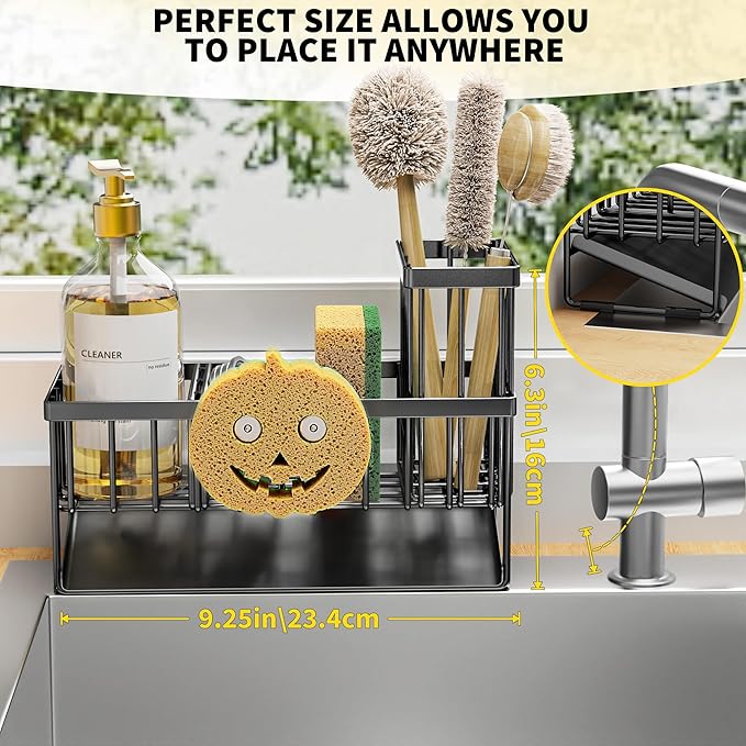 Cisily Kitchen Sink Caddy Organzier with High Brush Holder, Sponge Holder for Sink, 304 Rustproof Stainless, Kitchen Countertop Soap Dispenser Organizer (Black With Smiley Face Holder, 9.25″)