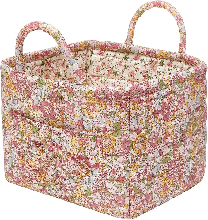 Quilted Fabric Storage Baskets with Handles, Boho Floral Gift Basket Foldable Organizer Bin for Home Decor, Picnic, Travel 12''x10''x10'' (Orange)