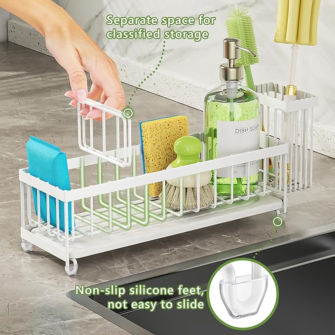 Cisily Extra Large Sink Caddy Organizer with Drying Stone, White Sponge Holder for Kitchen, Dish Brush Holder for Countertop, Kitchen Decor Storage and Essentials