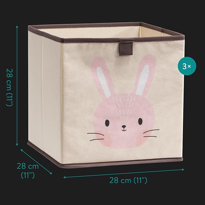 Navaris Kids Storage Cubes Set of 3 - Kids Cube Fabric Organizer Storage Bins - Foldable Cloth Cube for Childrens Bedroom Baby Nursery - Book Toy Bin Cubby Storage - Rabbit & Fox