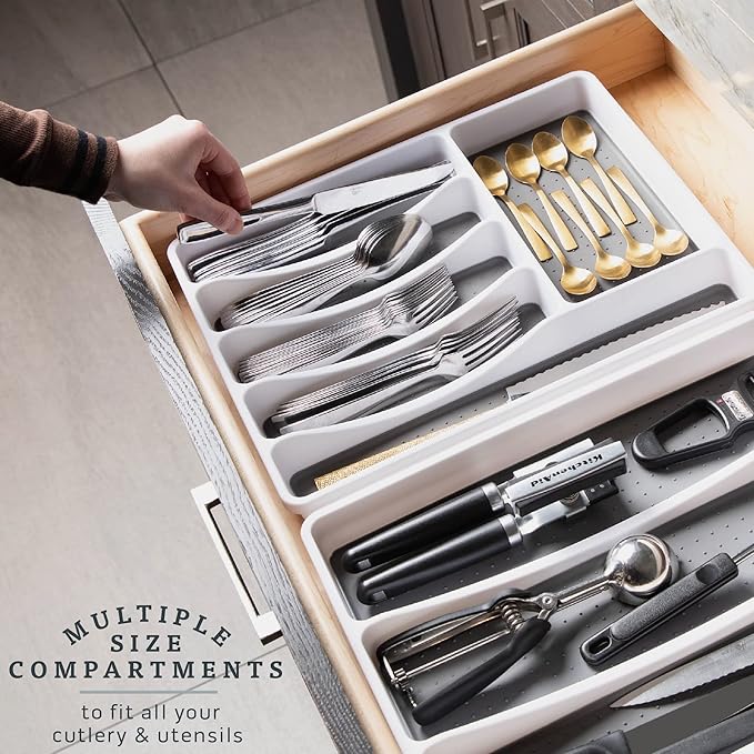 Masirs No-Slip Silverware Tray Organizer, Accommodates Different Kitchen Utensil and Cutlery Sizes, Deep Enough to Fit Entire Drawer, (2-PIECE | 9-SECTIONS)